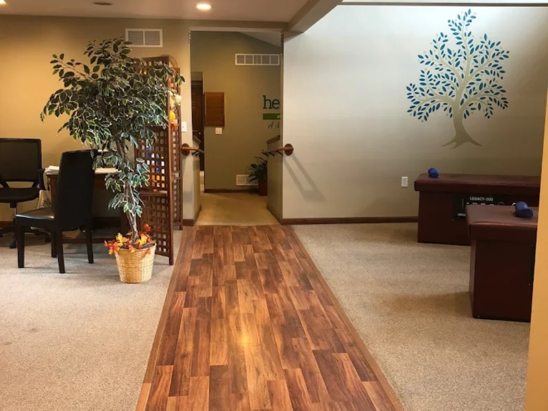office corridor with HealthyWays logo on the wall